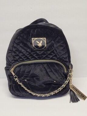 Spencers PLAYBOY Black Quilted Velvet Mini Backpack with Gold Accents